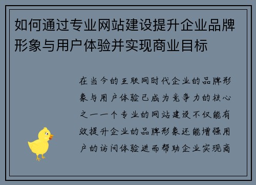 如何通过专业网站建设提升企业品牌形象与用户体验并实现商业目标