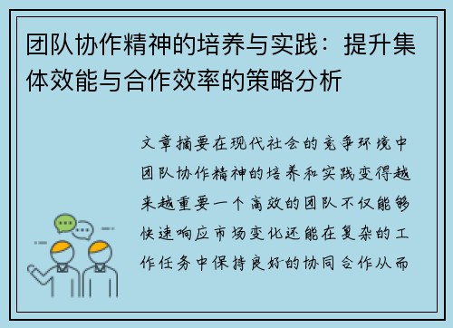 团队协作精神的培养与实践：提升集体效能与合作效率的策略分析