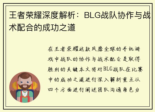 王者荣耀深度解析：BLG战队协作与战术配合的成功之道