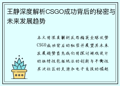 王静深度解析CSGO成功背后的秘密与未来发展趋势